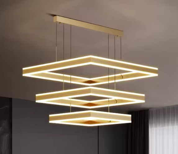 Modern Gold 3-Ring Square LED Chandelier Dimmable Ceiling Light w/ Remote