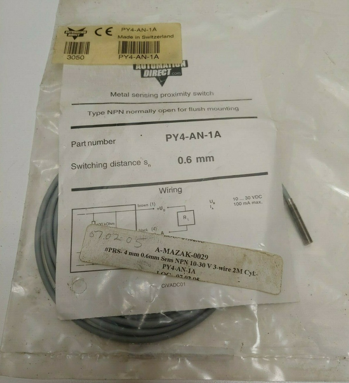 NEW OLD STOCK! AUTOMATION DIRECT METAL SENSING PROXIMITY SWITCH PY4-AN-1A