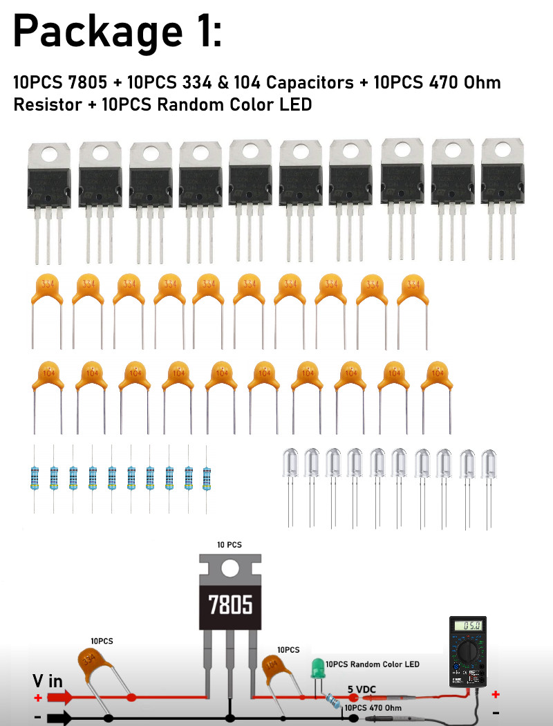 10 Pack L7805CV Voltage Regulator 5V 1.5A TO-220 +10pcs( Capacitor+Resistor+LED