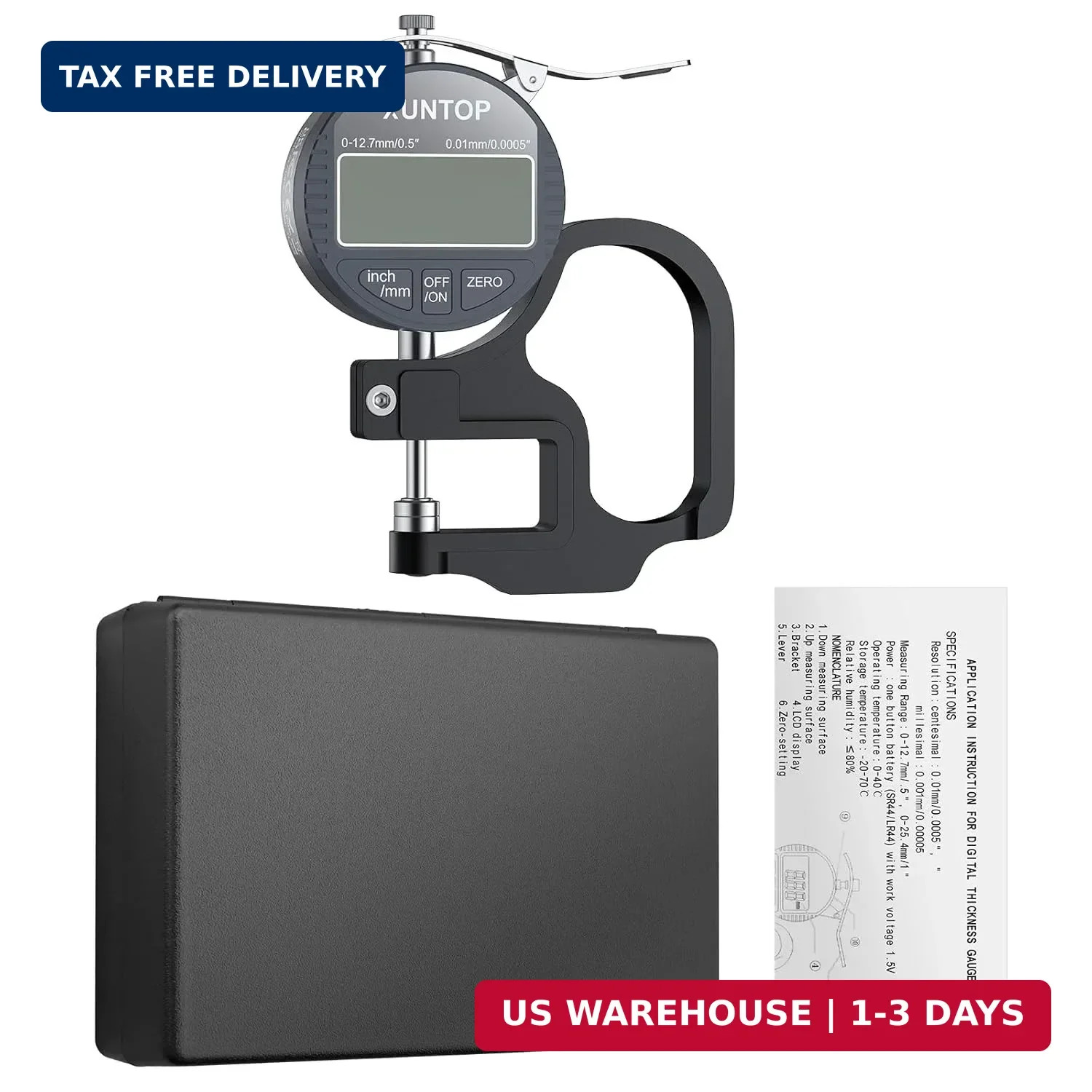 XUNTOP Digital Thickness Gauge 0.5inch/0.0005inch(12.7mm/0.01mm) Thickness Meter