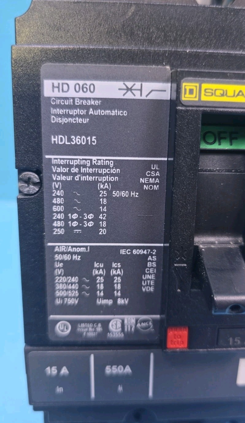 Square D HDL36015 15A 600V 3Pole Circuit Breaker