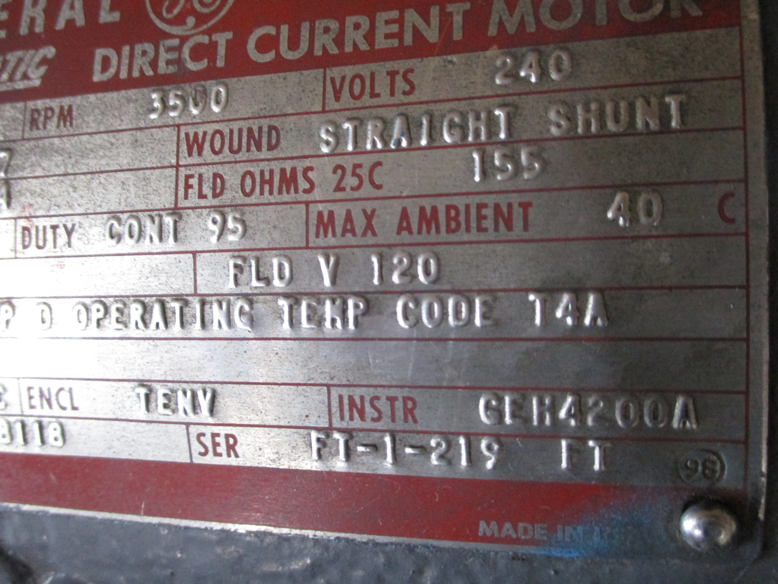 GENERAL ELECTRIC 5BY450B118 TYPE CD188ATC KINAMATIC DIRECT CURRENT MOTOR 2HP