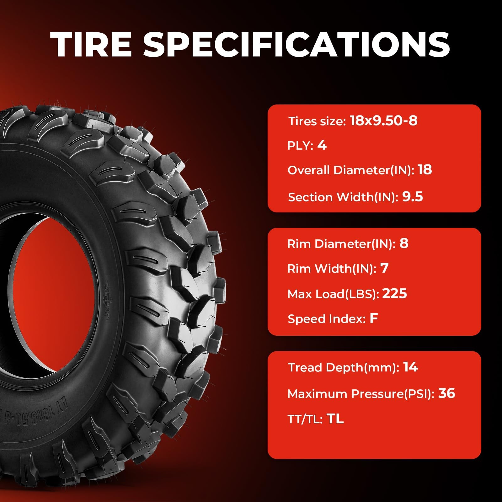 ATV UTV All Terrain Mud Tire 18×9.50×8 4 Ply Directional Tread Tubeless Set of 2