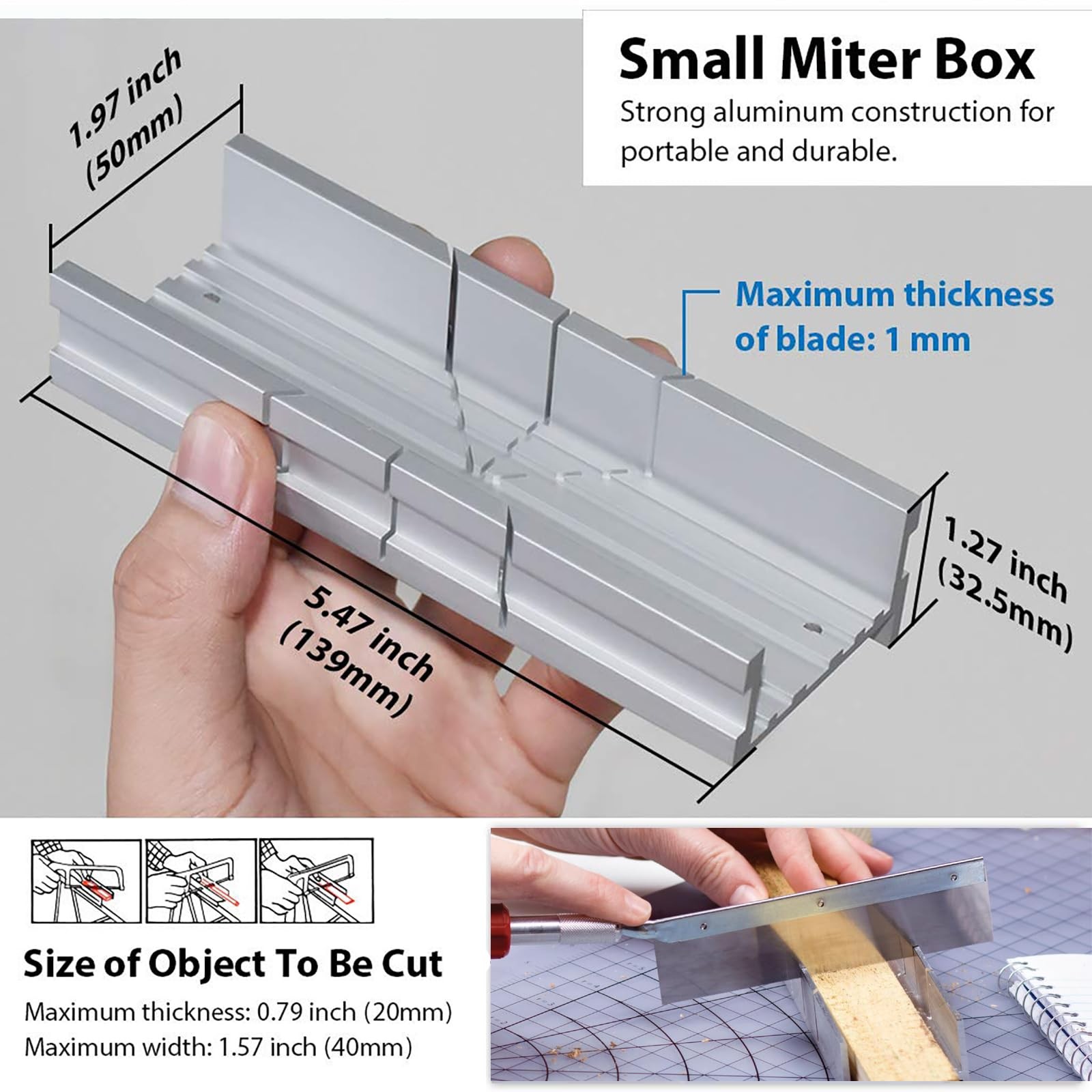 Mini Aluminum Miter Box for Hand Saw 5.3 Inch Precise 3 Angle Cutting Silver