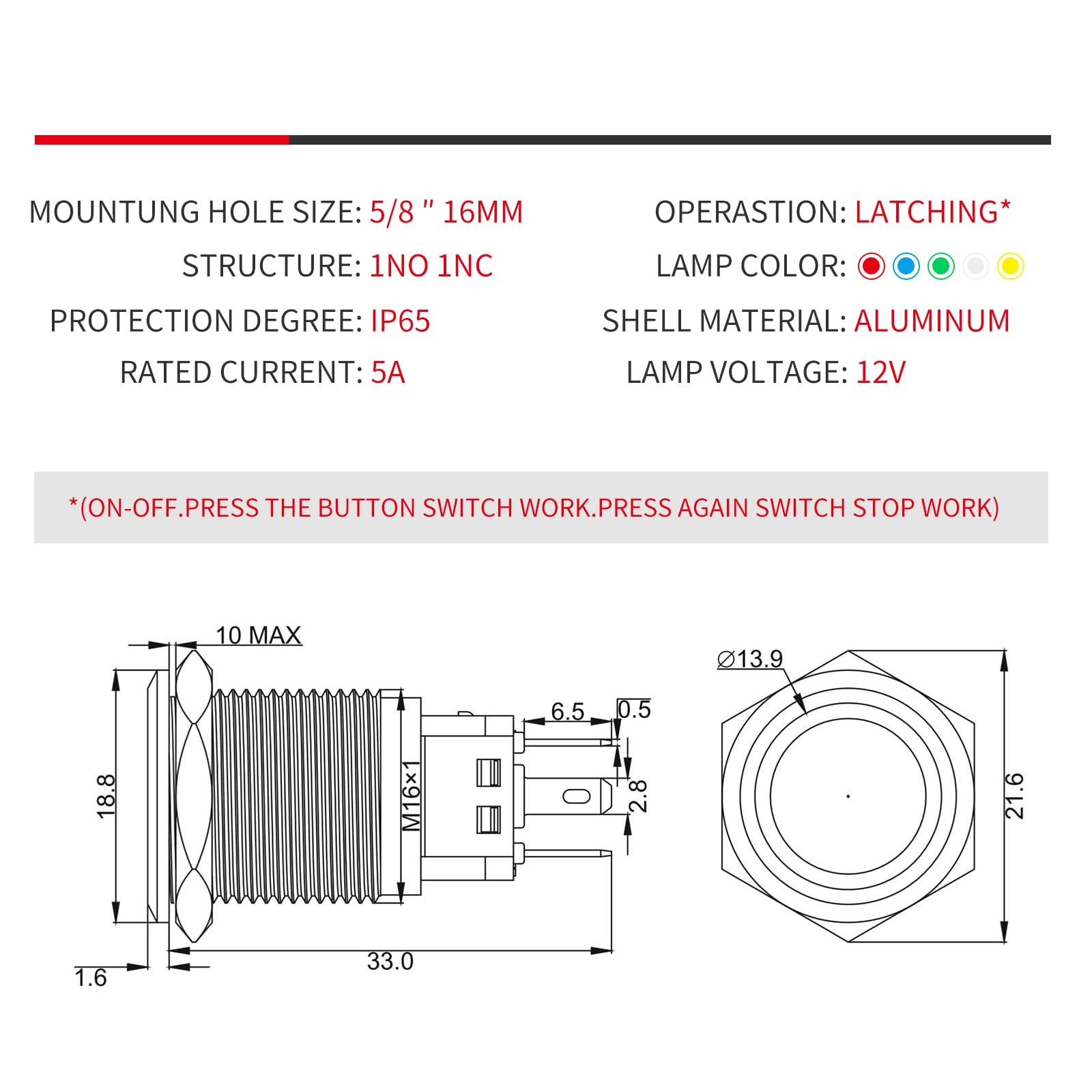 16mm Latching Push Button Switch 12V DC On Off SelfLocking with LED Angel Eye…