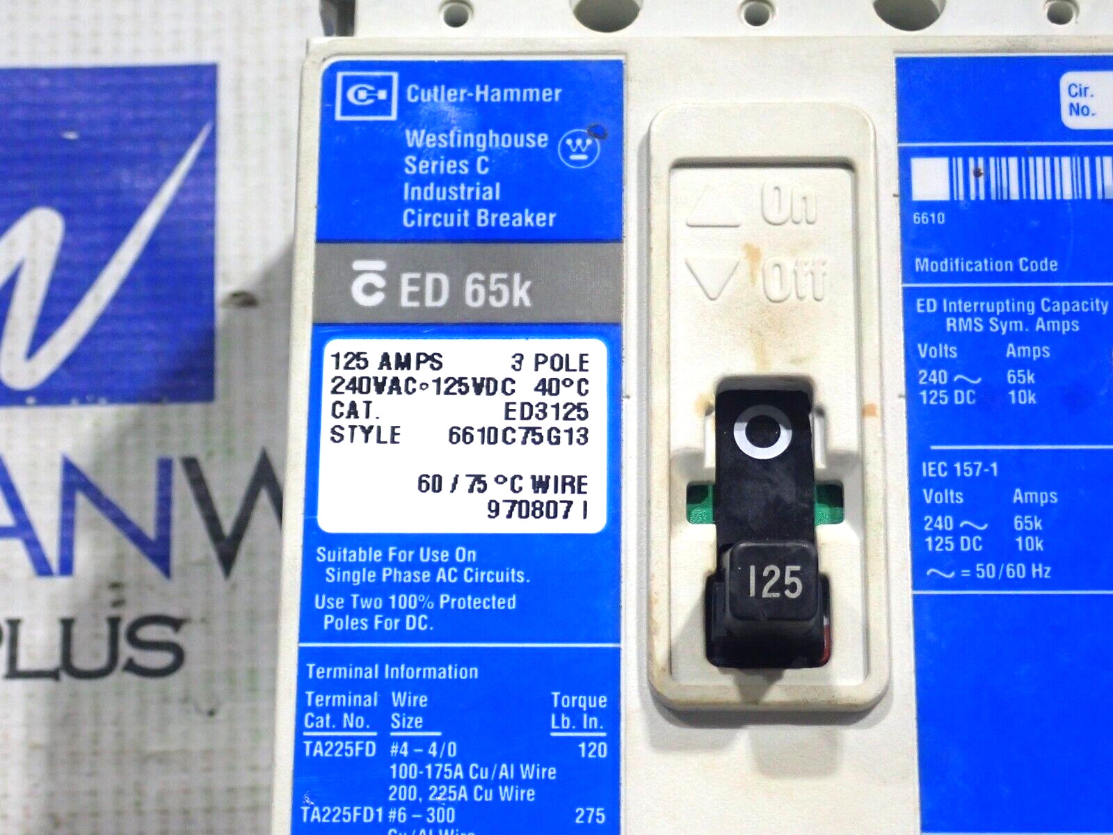 Cutler Hammer Westinghouse ED3125 3 Pole 125 Amp 240 Volt 65kA Breaker – Tested