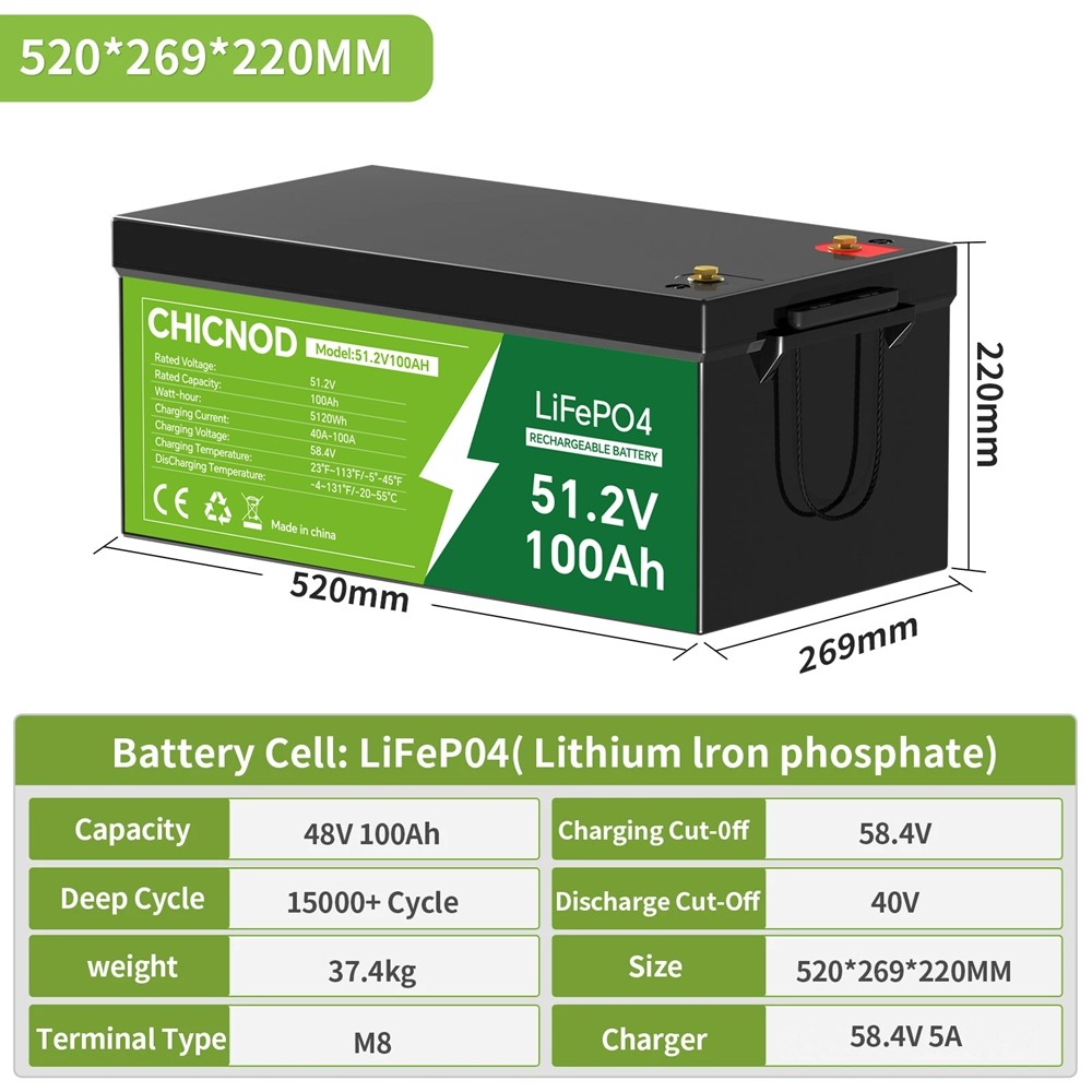 CHICNOD 51.2V 100Ah LiFePO4 Battery w/Bluetooth BMS 2560Wh Solar RV Golf Cart