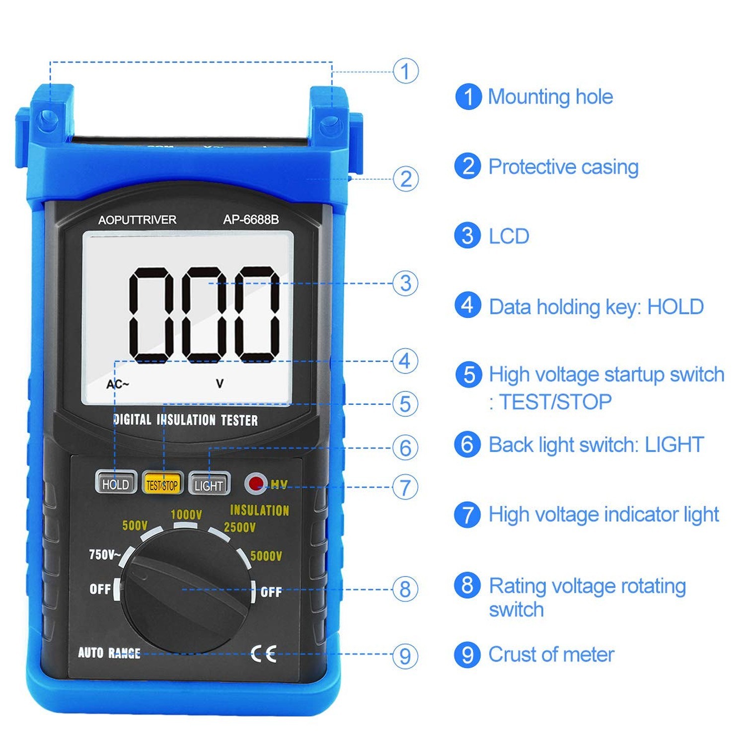 200GΩ Megohmmeter Digital Insulation Tester Test 500V/1kV/2.5kV/5kV Voltage