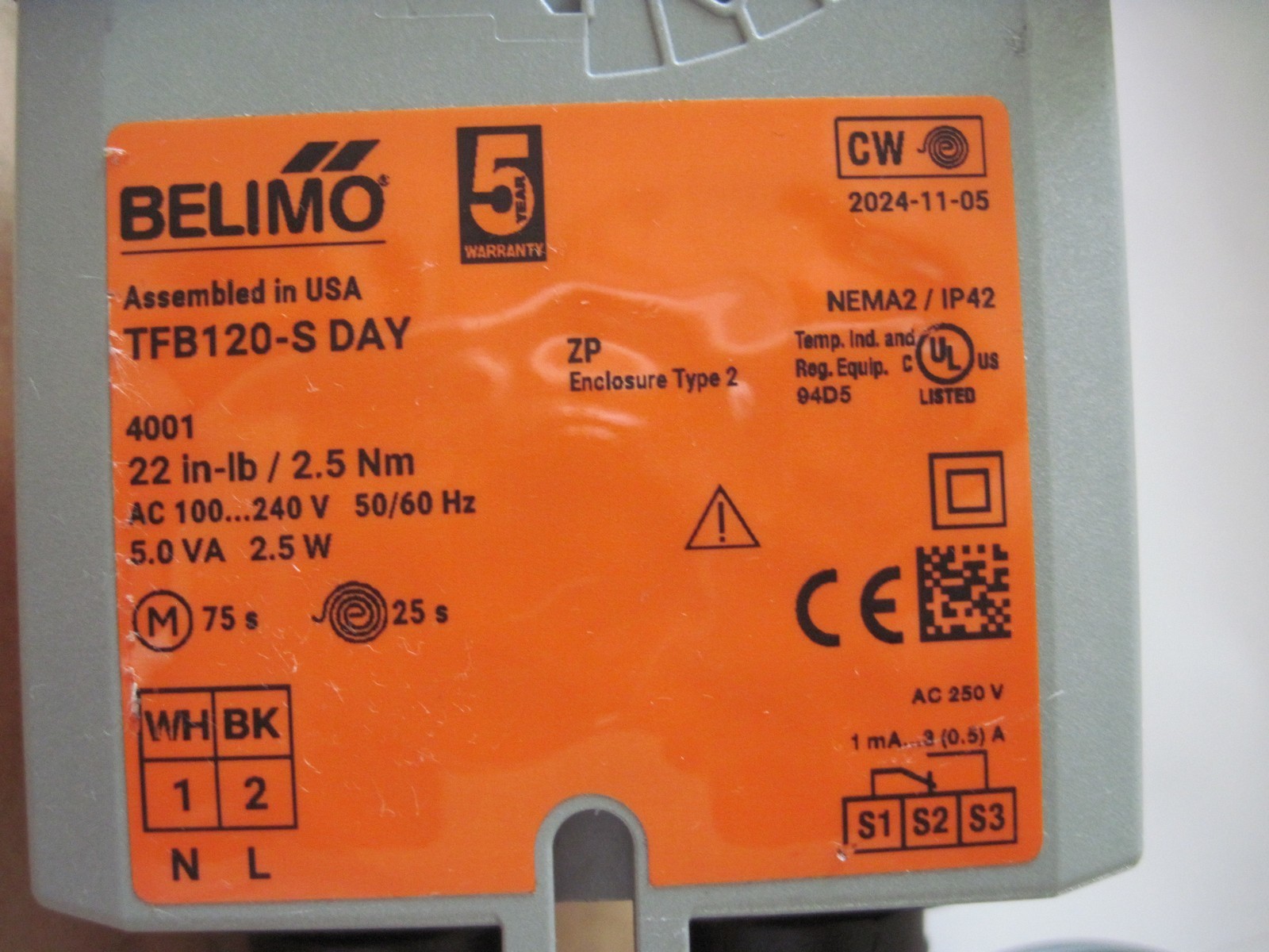 Belimo TFB120-S DAY, 100-240VAC, Damper Actuator, Spring Return Fail Safe, 10″