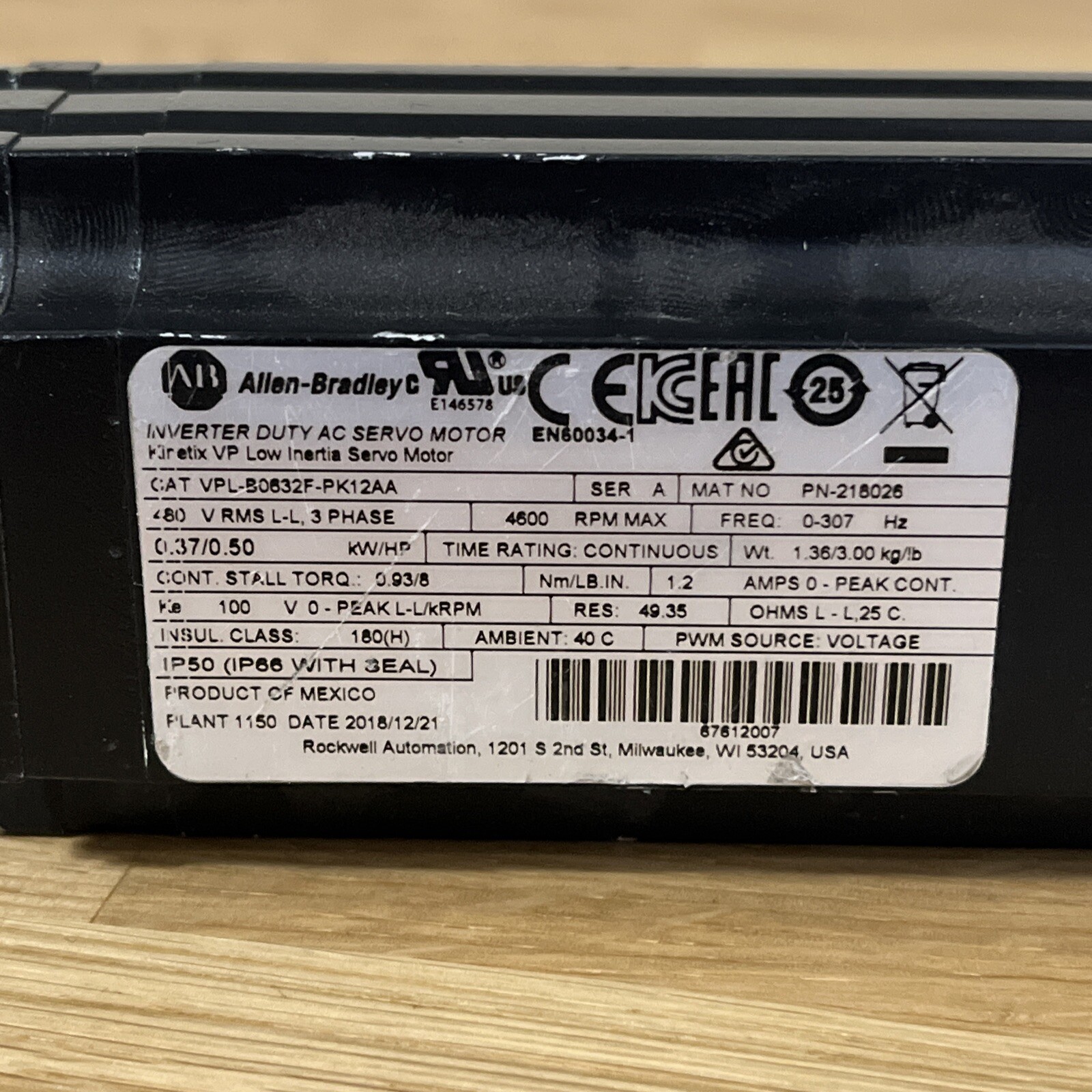 Allen Bradley VPL-B0632F-PK12AA Ser A Servo Motor 4600 RPM .50 HP