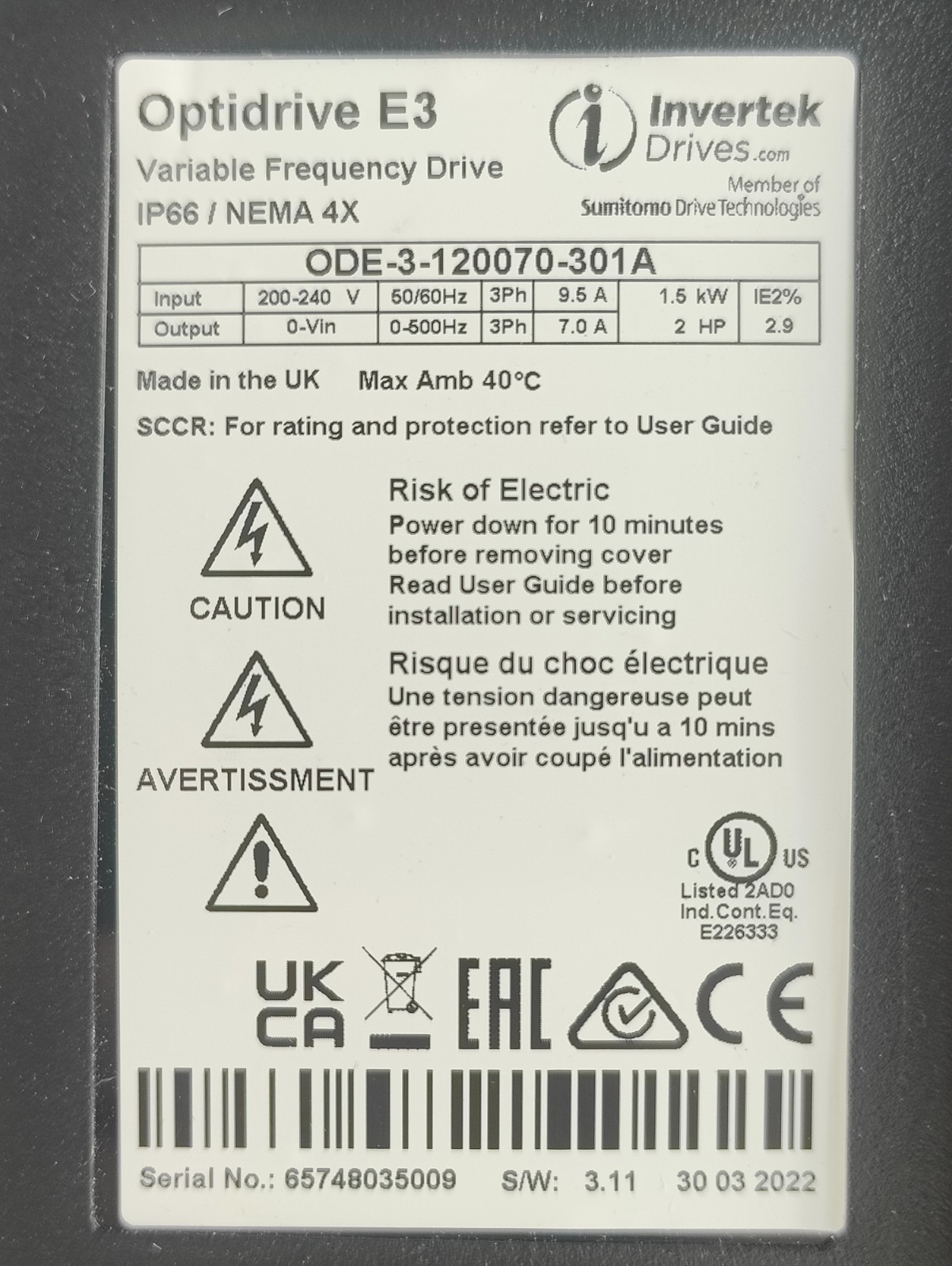 NEW Invertek ODE-3-120070-301A Variable Frequency Drive, 2HP, 200-240V, 3PH
