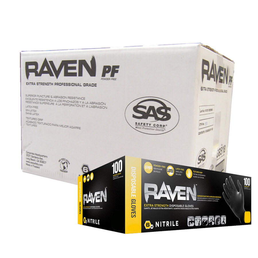 SAS Raven (LARGE) Black Nitrile Gloves Powder Free 66518 Box Of 100