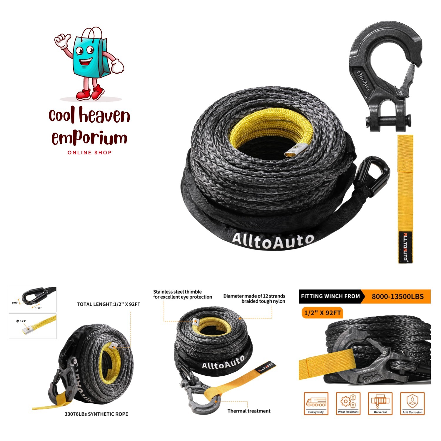 Winch Rope with Hook, 1/2″ x 92′-33076lbs Dyneema Synthetic Winch Rope Line C…