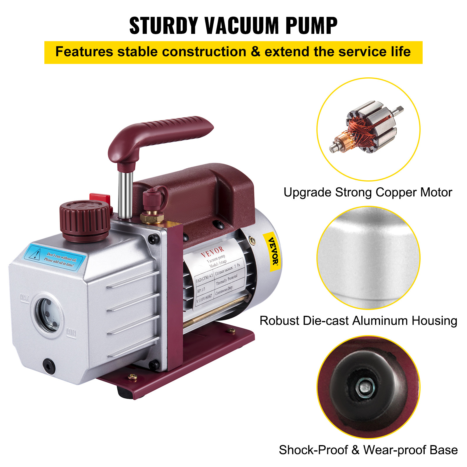 4.5 CFM Single-Stage Rotary Vacuum Pump HVAC/Auto AC 4.5CFM 1/3HP 1/4″ACME inlet
