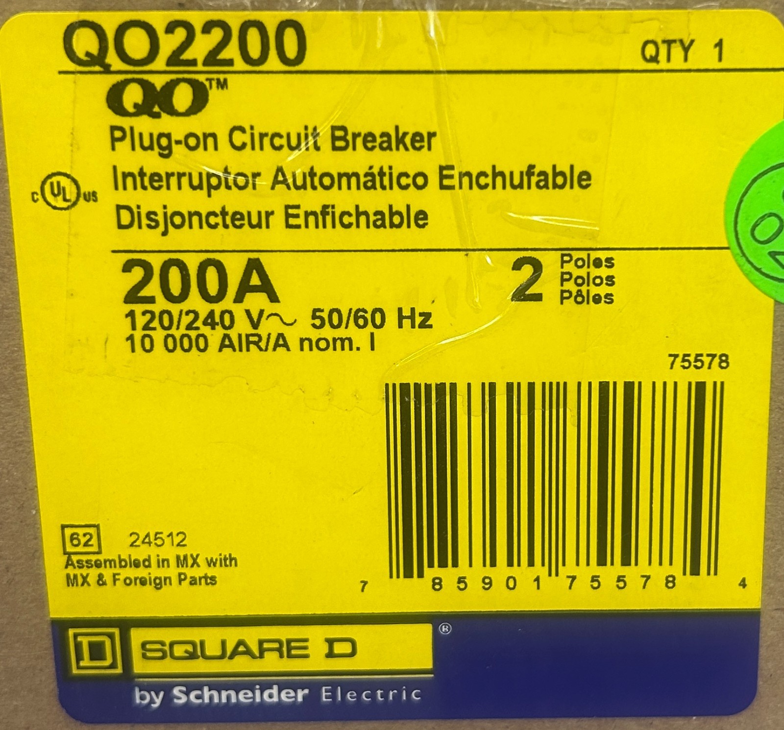 Square D QO2200 Plug-on Circuit Breaker 2 Poles 200A 120/240V