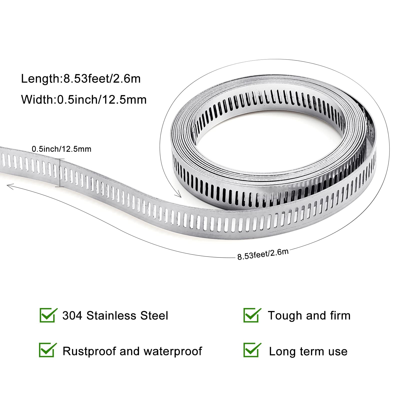 8.5 Ft DIY Hose Clamp Metal Strap with 6 Fasteners Silver Kit