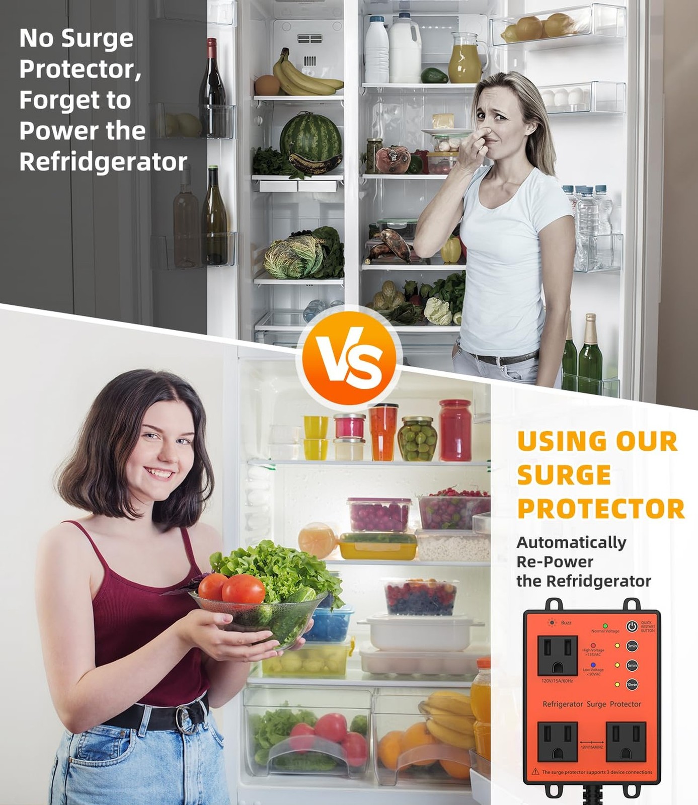 Refrigerator Surge Protector, 3-Outlet 120V for Home Appliance Surge Protecto…