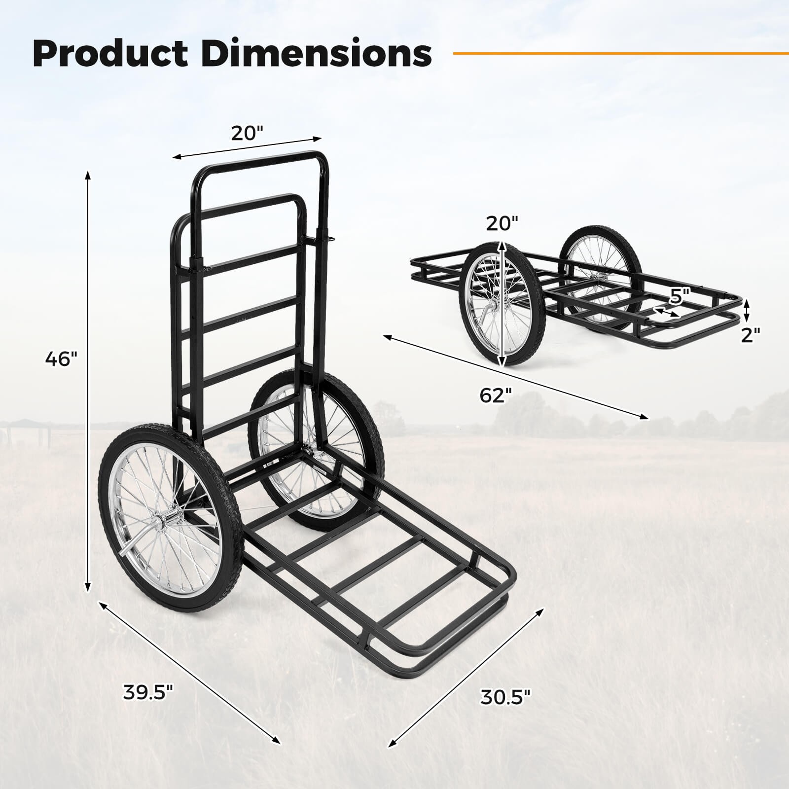 550 LBS Double-Layer Deer Cart w/20″ Rubber Wheels Heavy-Duty Flat Hauling Dolly