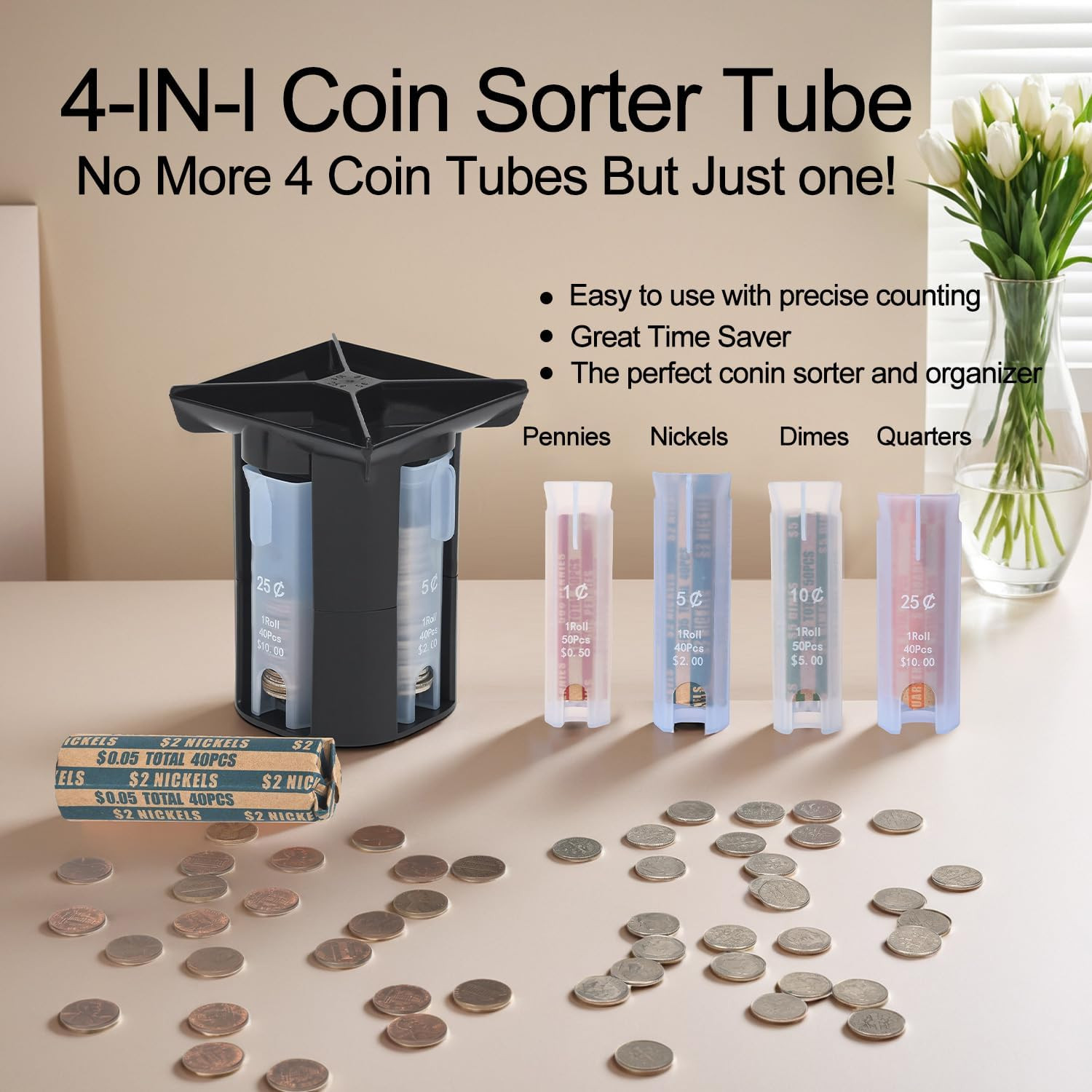 Coin Counter, Coin Sorter Tube, 4-In-1 Coin Sorter and Wrapper Machine, Chang…