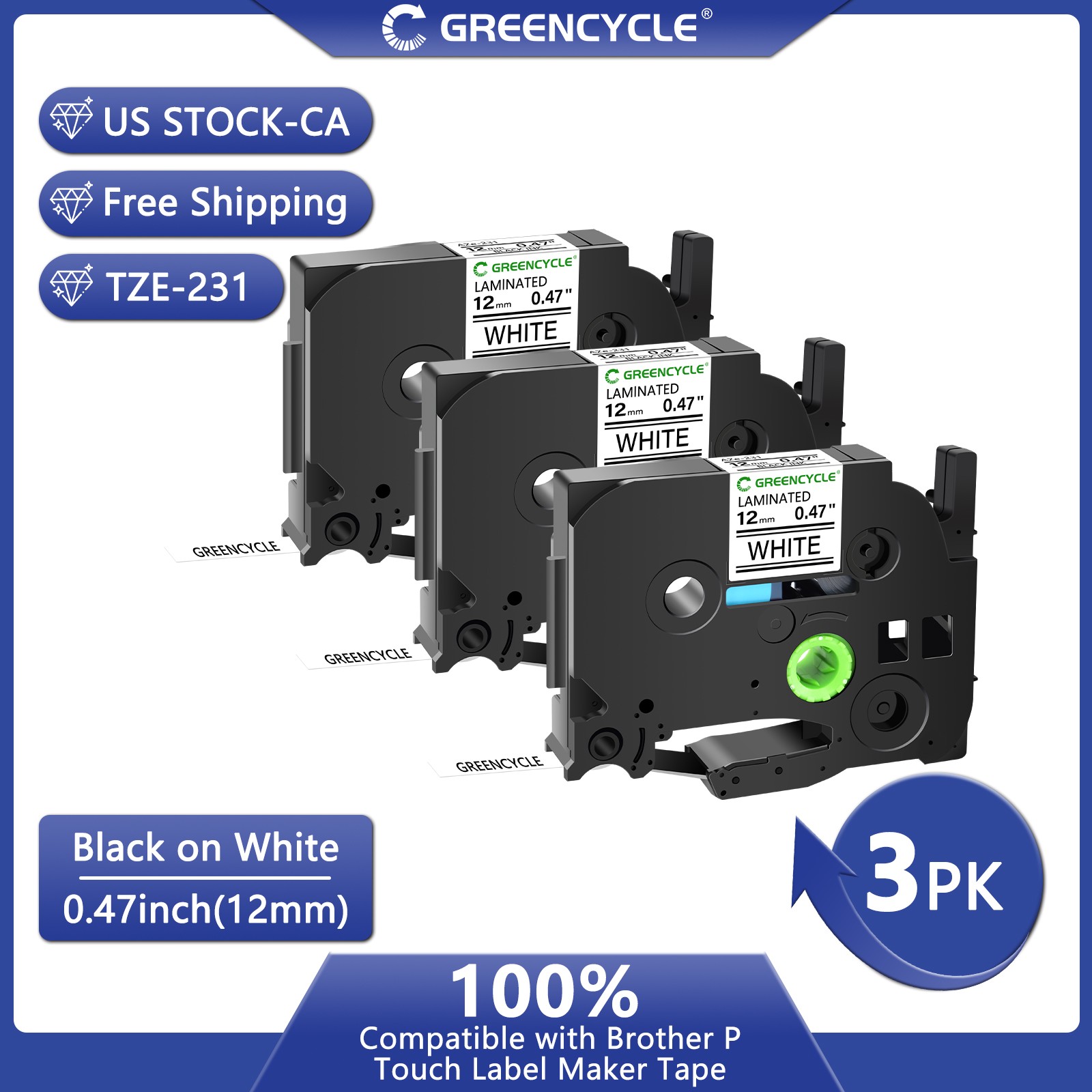 3PK Brother P-Touch TZe-231 TZ-231 12mm Black/White Standard Laminated Tape 0.47