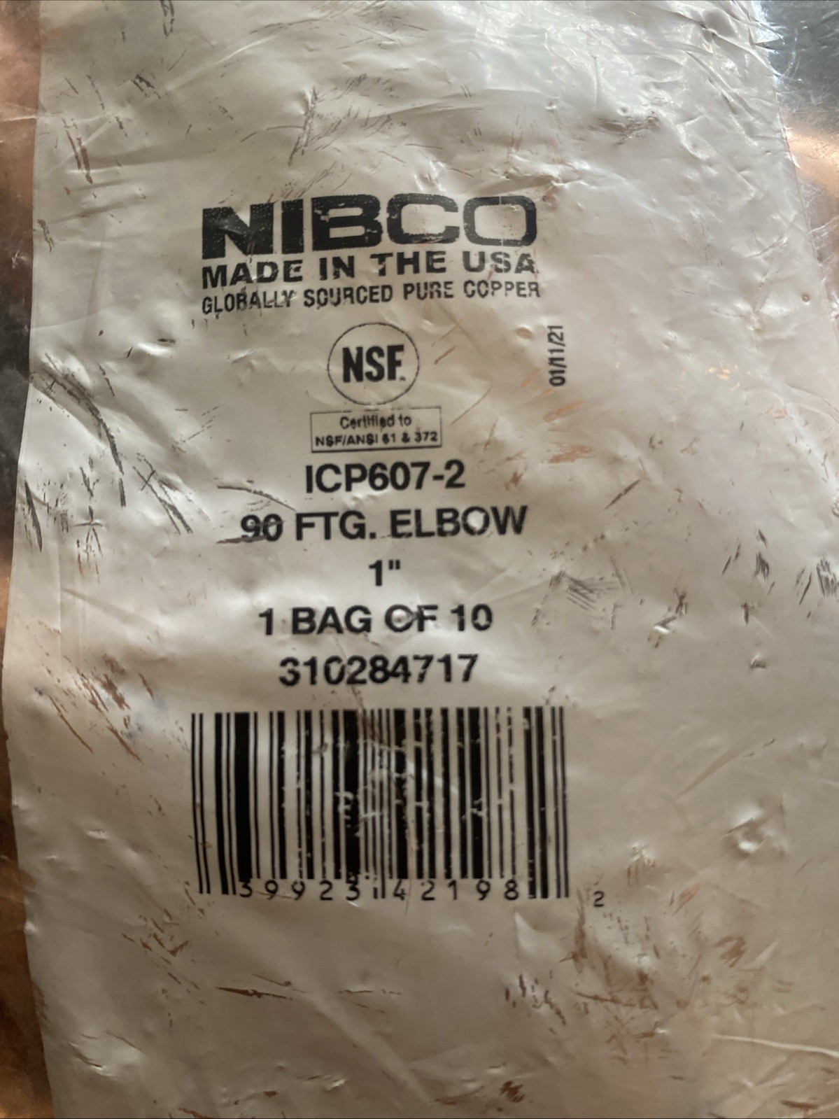 10 Pack NIBCO CP60721. 1 in. Wrot Copper 90 Degree Ftg x C Elbow 1”