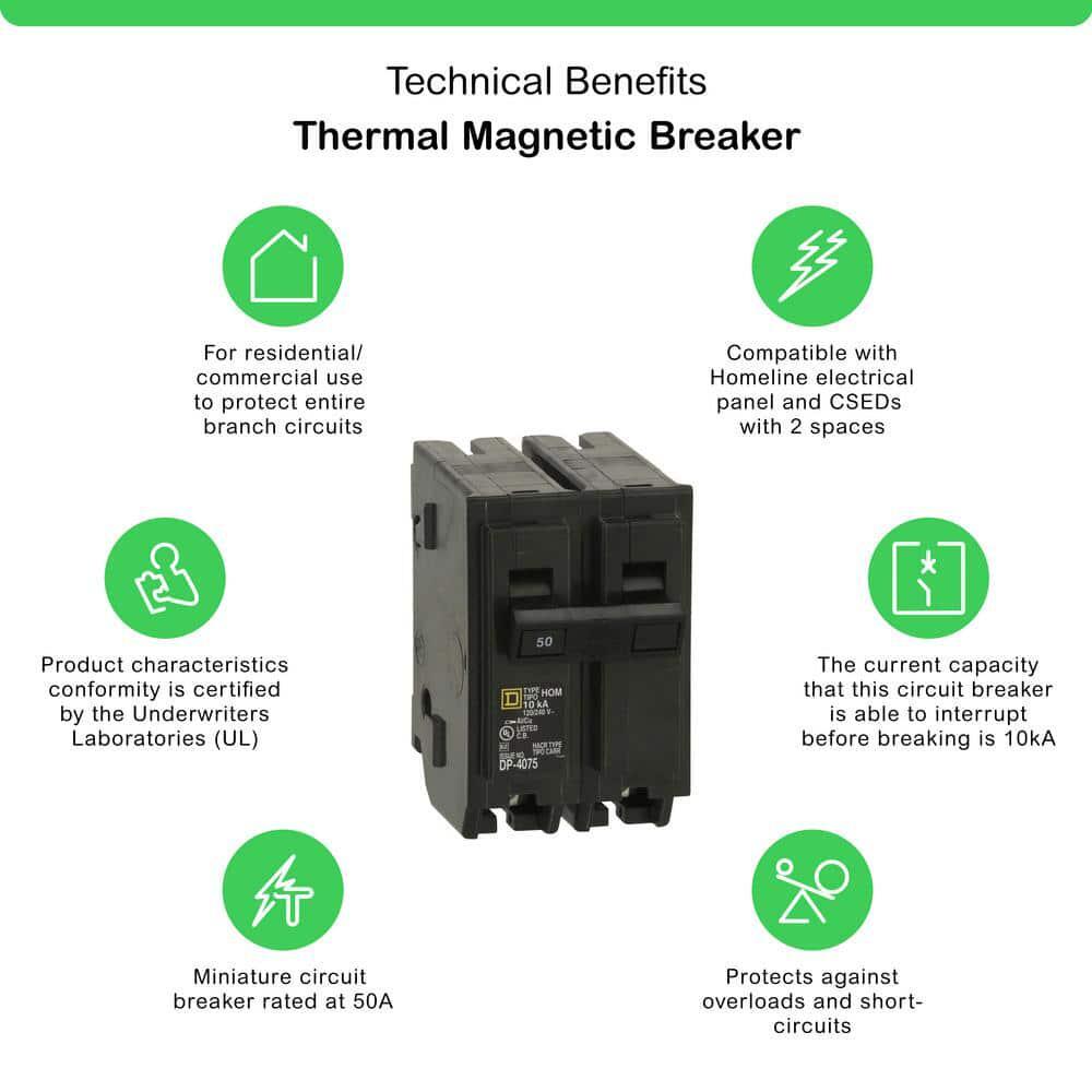 Circuit Breaker Square D 50 Amp 2 Pole Homeline Standard Trip Residential Black