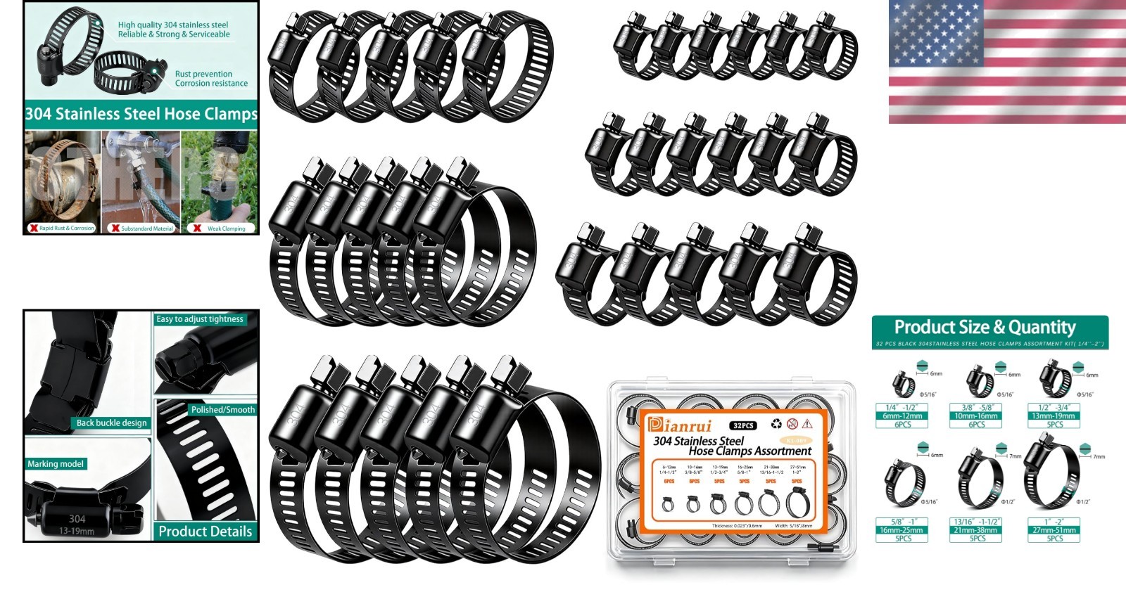 32PCS Stainless Steel Hose Clamps Kit 6-51mm Worm Gear Pipe Fuel Line Clamps
