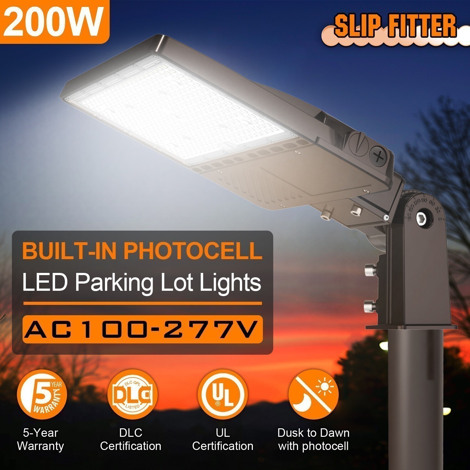 200W LED Parking Lot Light Commercial Outdoor IP65 Shoebox Street Pole Lamp
