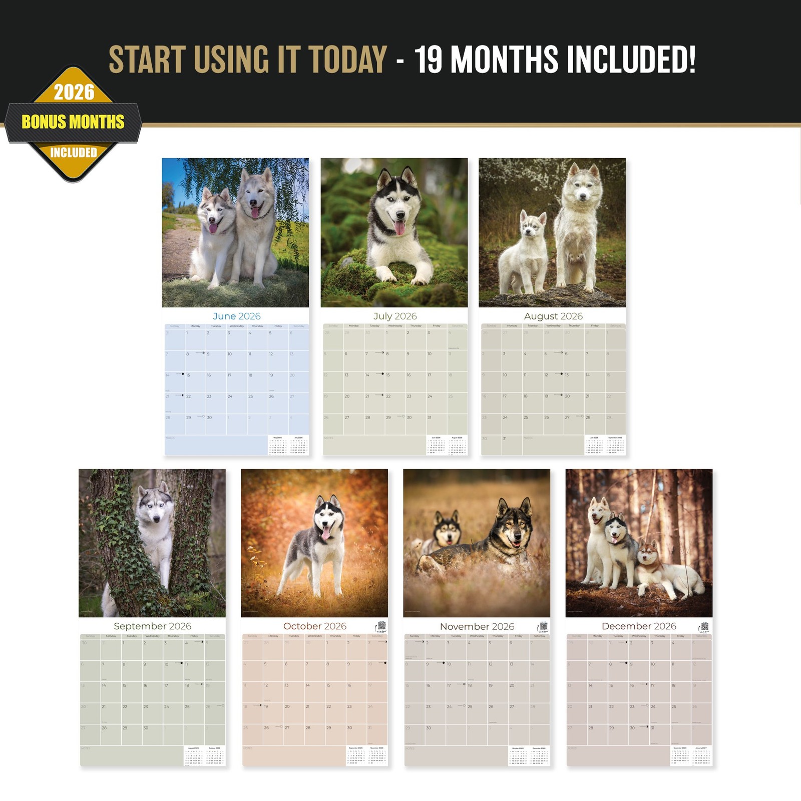 Siberian Husky Dog Breed Calendar 2024 FULL SIZE 12×24 Made in USA