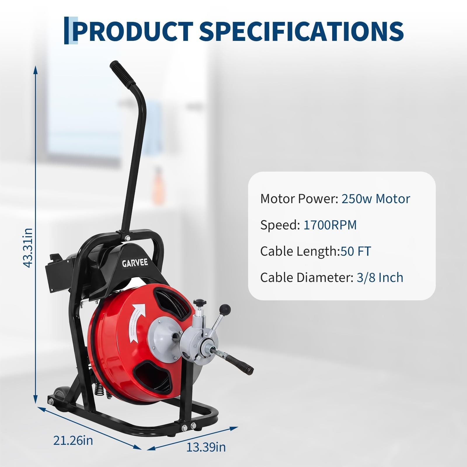 Drain Cleaner Machine ,75 FT x 1/2 In Portable Auto Feed Sewer Snake Drain Auger