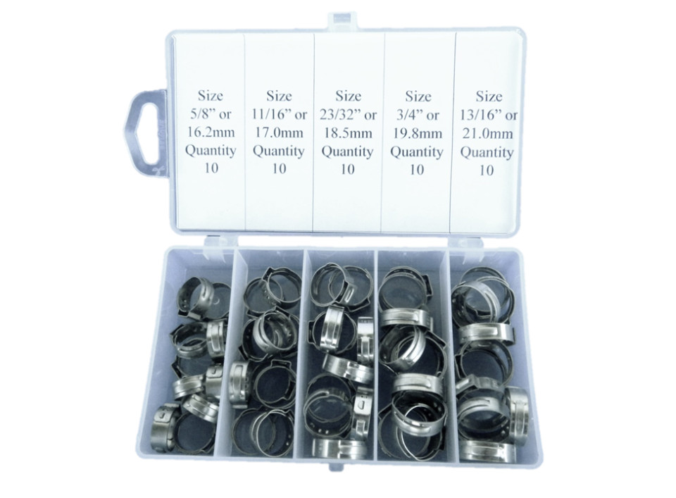 50 Piece Assortment Case-SS Single Ear Hose Clamps 5/8″ to 13/16″ or 16.2mm-21mm