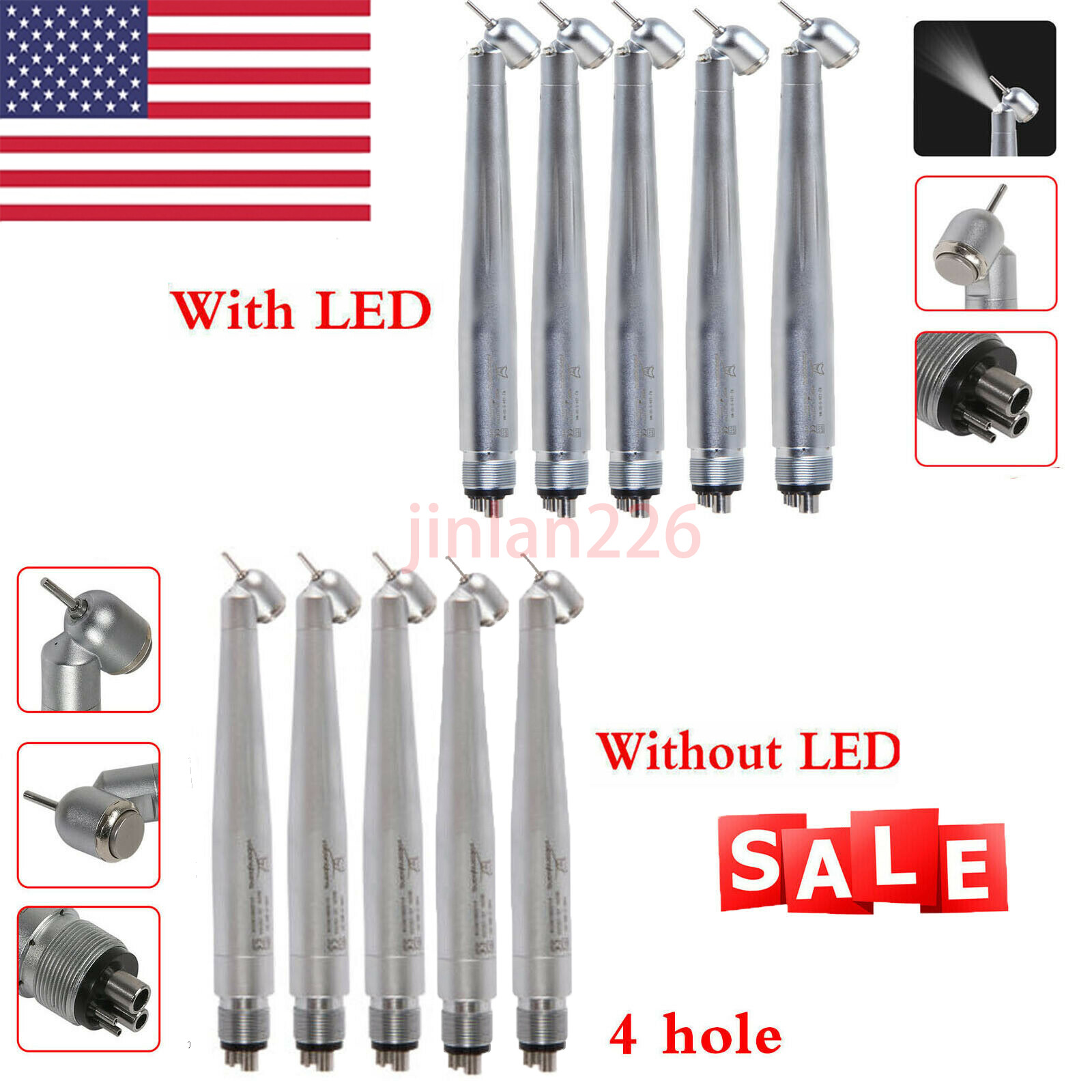 Dental 45° Degree Surgical High Speed (LED E-generator) Handpiece Push 4 Holes