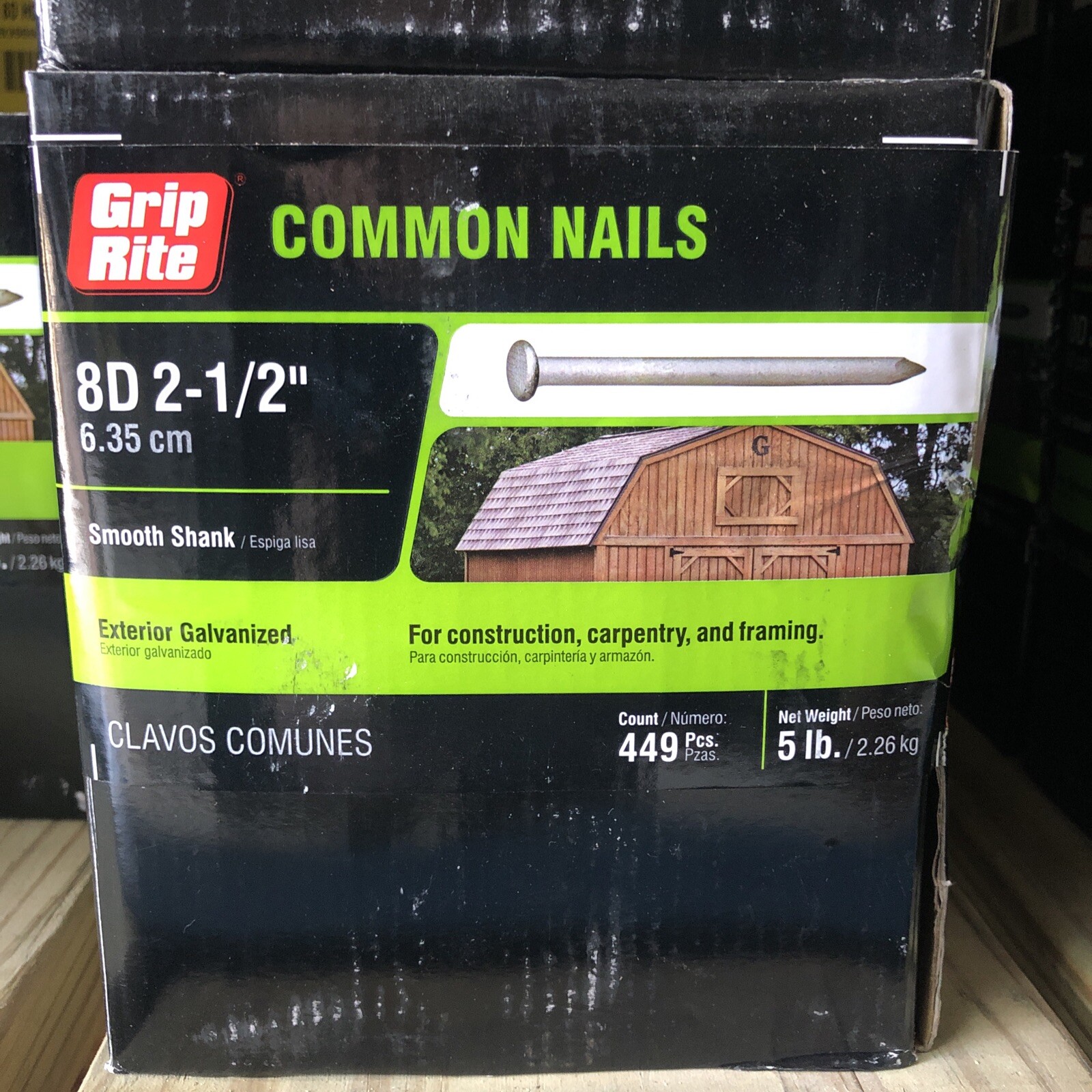 5 Lb Box Grip Rite 8D 2-1/2″ Common Nails Smooth Galvanized Approx 449 Pcs