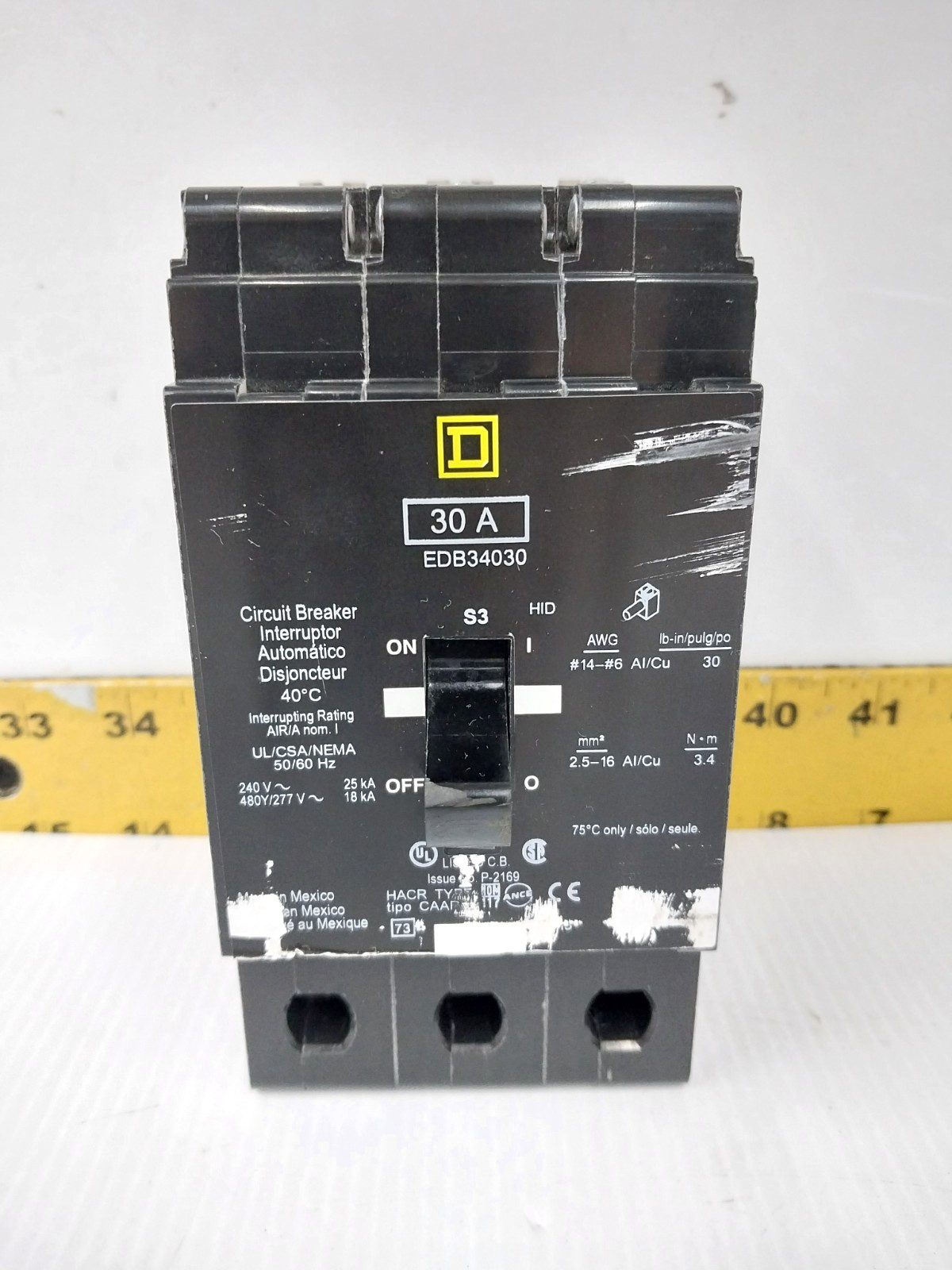 Square D 30 Amp Bolt-On Circuit Breaker 240 / 480Y/277 VAC 3 Pole EDB34030