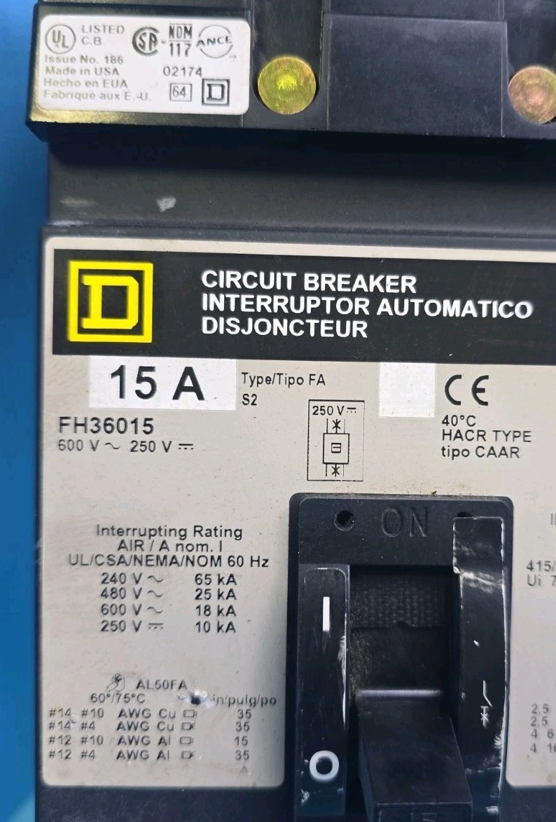 Square D FH36015 15A 600V 3Pole ILine Circuit Breaker