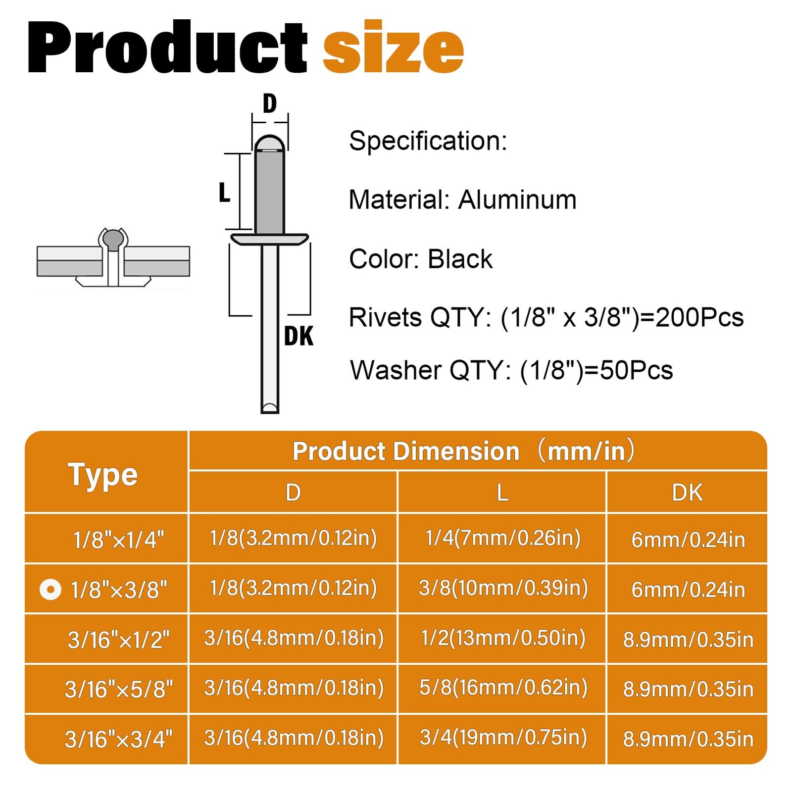 JTAREA 250pcs 1/8″ x 3/8″ Black Aluminum Pop Rivets with Stainless Steel Wash…