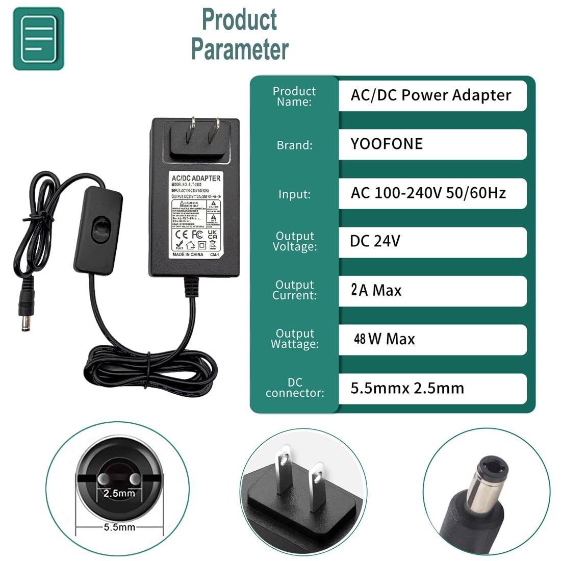 24V 2A DC Power Supply 48W Switching Adapter 100-240V 50-60Hz AC to DC 24V 2A…