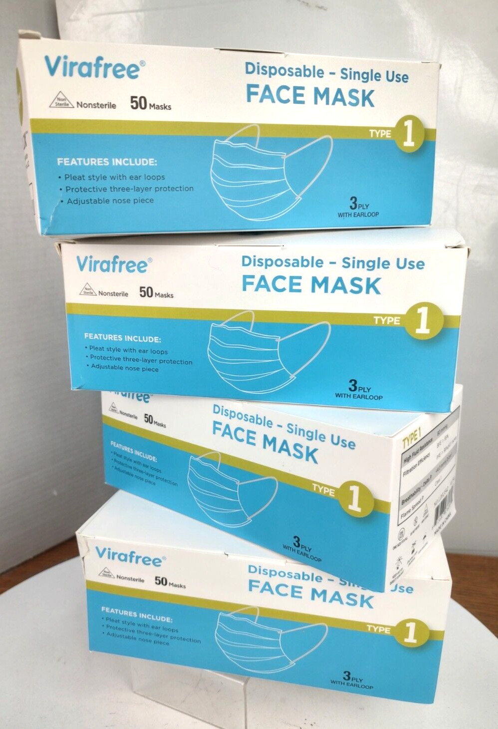 Virafree Disposable Single Use Face Masks 3 Ply 4 Boxes 50 Per 200 Total Pieces
