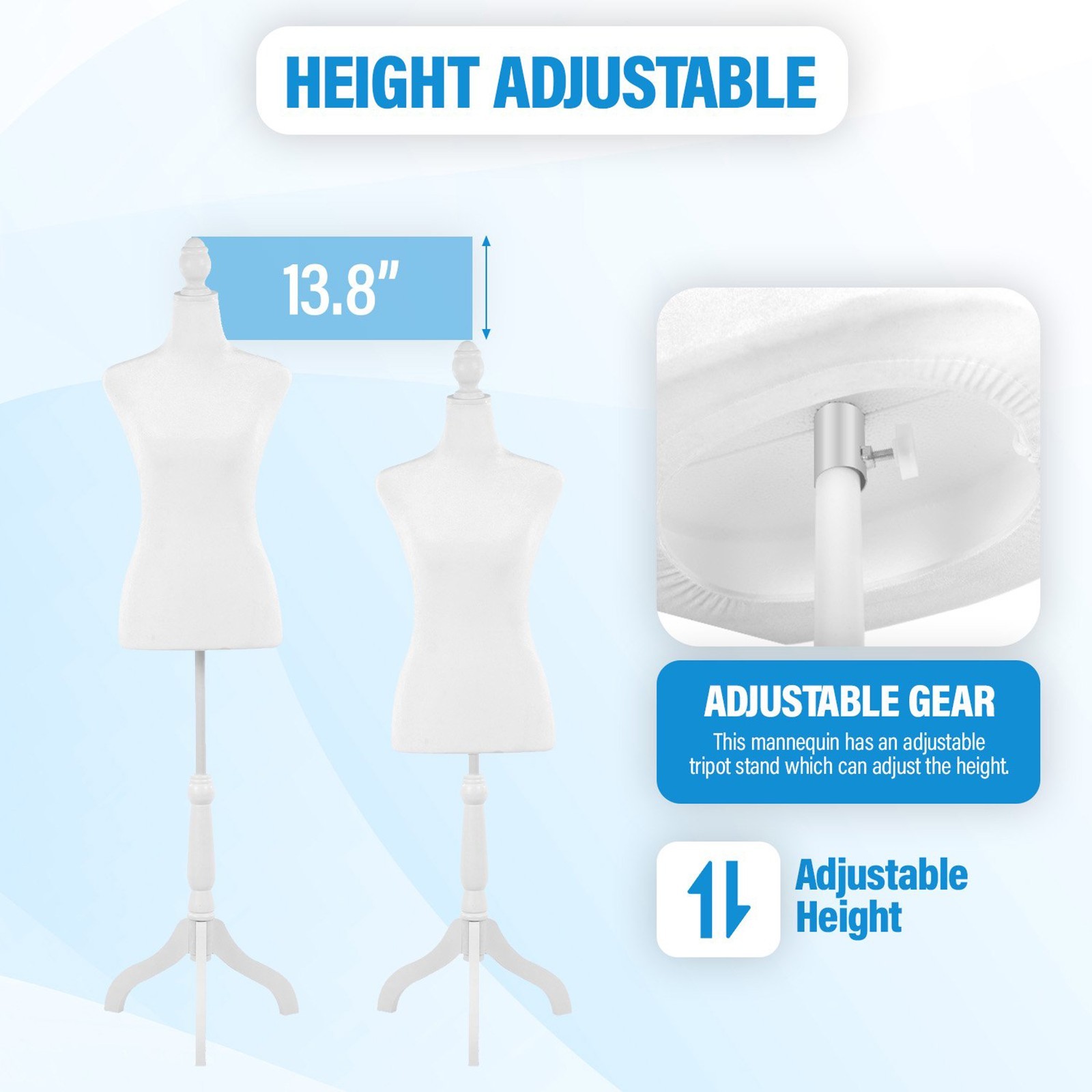 FDW Adjustable Female Dress Form Sewing Mannequin Wooden Tripod Stand White