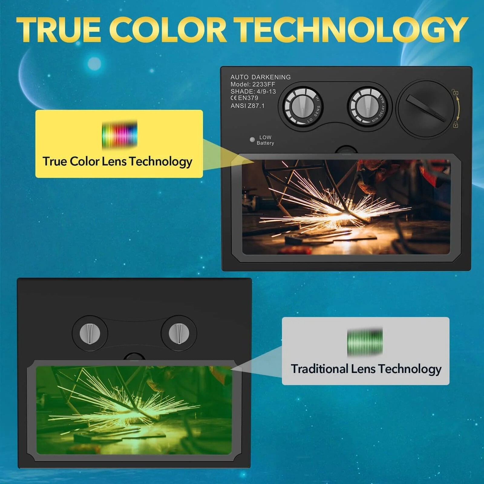 Solar-Powered True Color Auto-Darkening Welding Helmet for TIG, MIG, and ARC