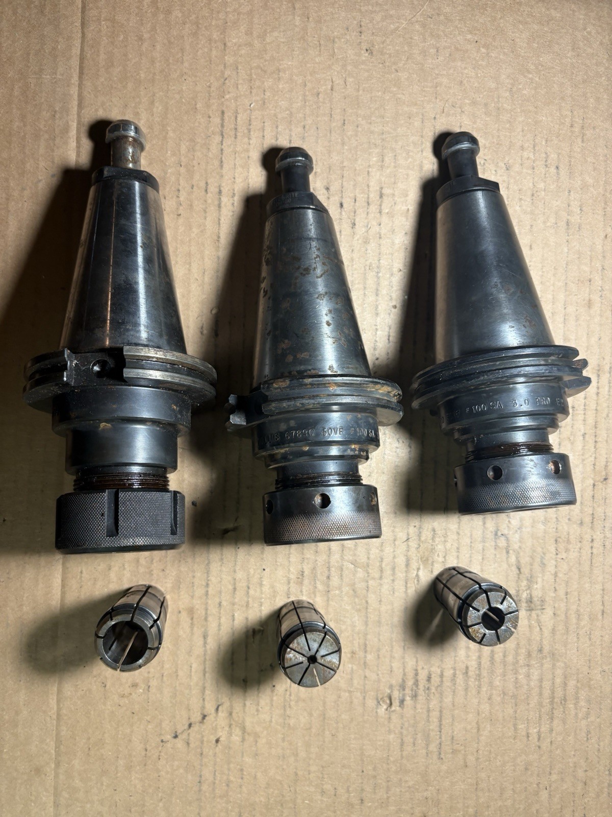 Lot of 3 Cat50 Tool Holders SA100 Collet Chuck Lyndex Collis with collets