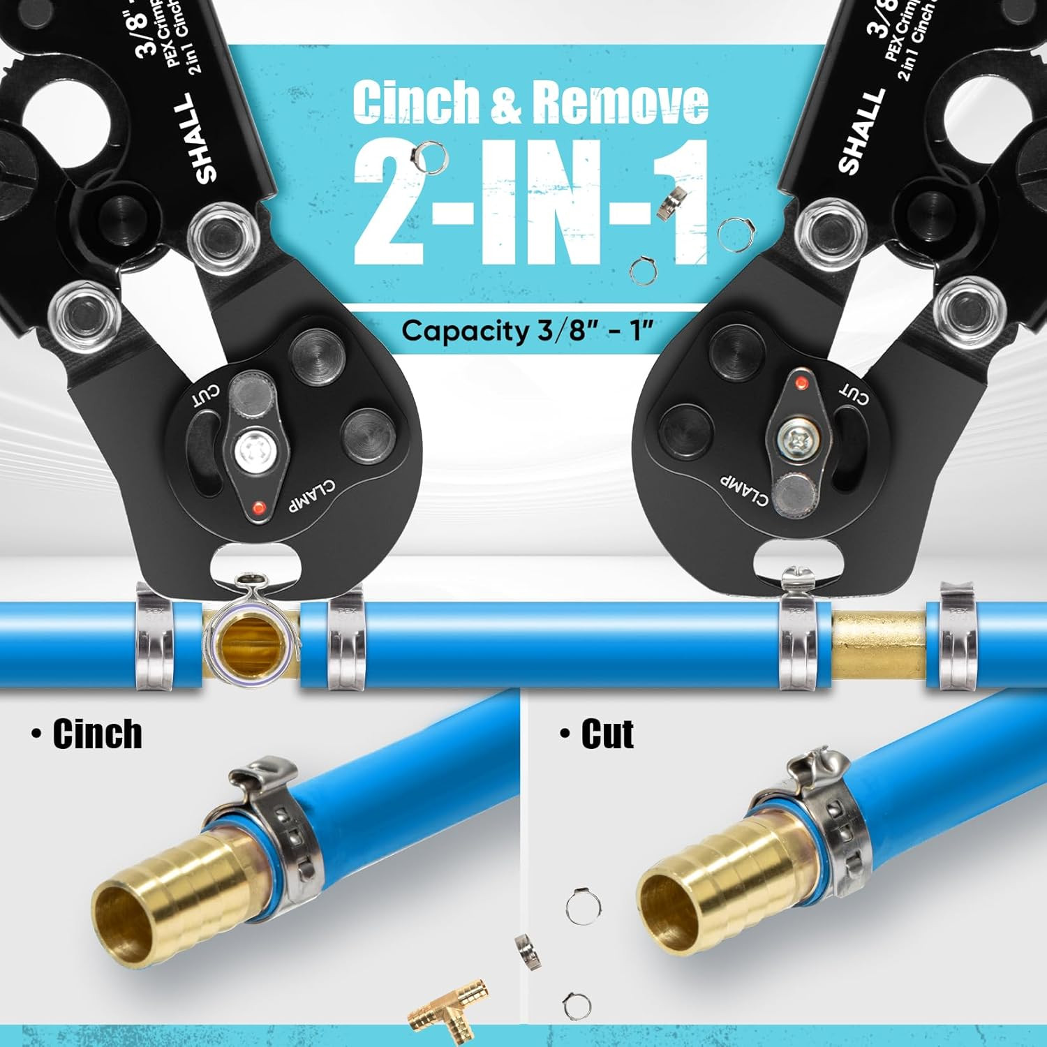2-IN-1 Pex Crimping Clamp Cinch & Remove Tool with Pipe Hose Cutter, Pex Pipe Fi
