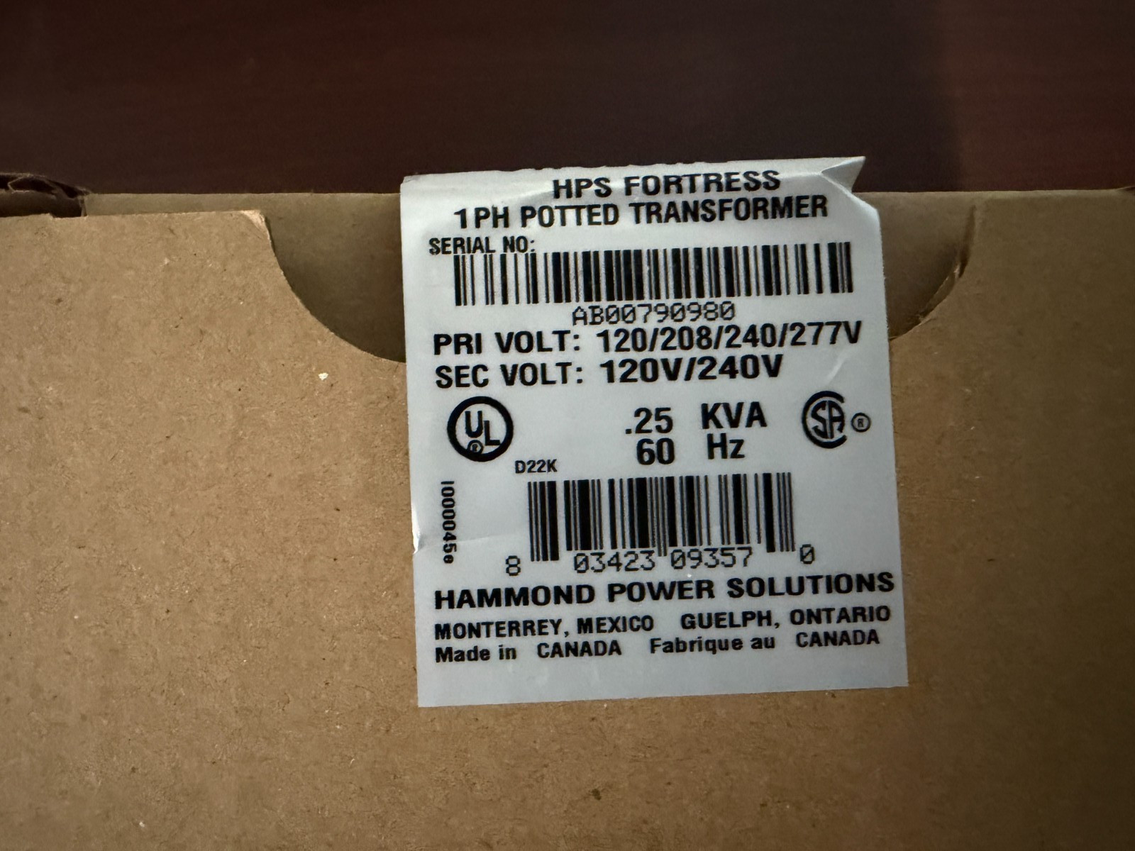 HPS C1FC25WE .25 KVA 1PH 60HZ 120/208/240/277V X 120/240V TRANSFORMER