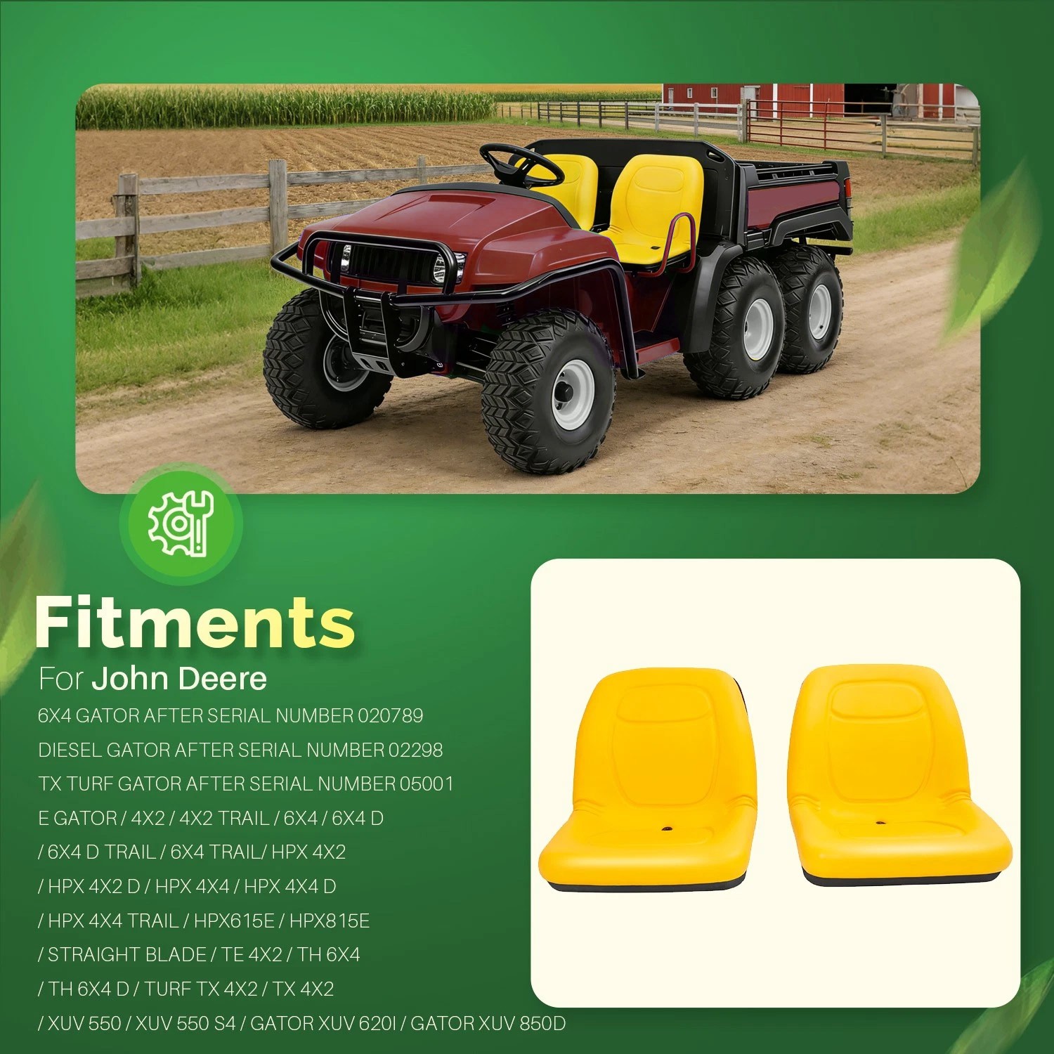 Yellow 2 Seats For John Deere Gator XUV 620i XUV 850D 4X2 HPX 4X4 HPX Gator