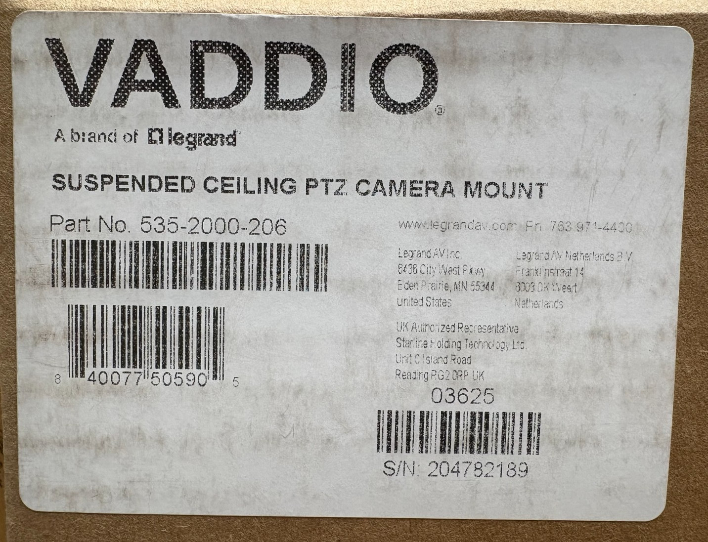 Vaddio Suspended Ceiling PTZ Camera Mount (P/N: 535-2000-206)