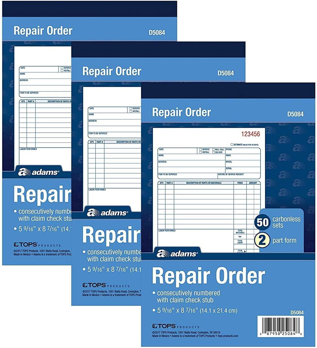 Repair Order Book, Carbonless, 2-Part, White/White, 5-9/16 X 8-7/16