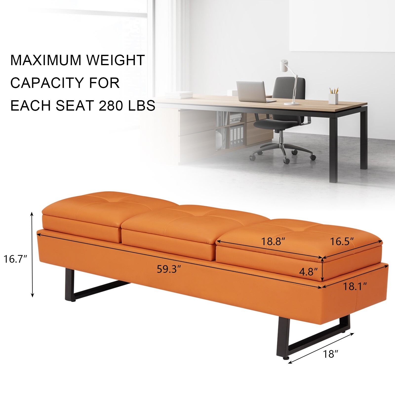 3-Seat Reception Bench with Thickened Cushion Waiting Room Office Furniture