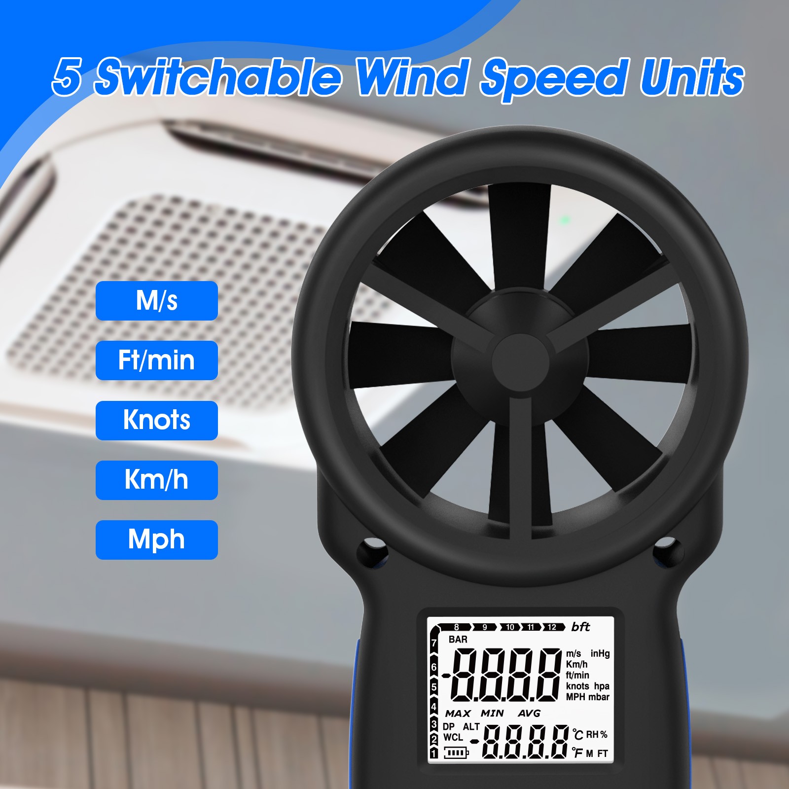 Digital Anemometer 89MPH 113°F 5-Unit Backlit LCD WiFi Bluetooth APP Max/Min/Avg