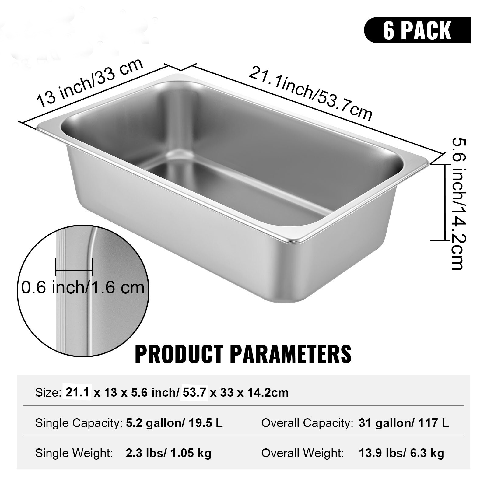 VEVOR 6 Pack 6″ Deep Stainless Steel Steam Table Pans Hotel Food Prep Pan