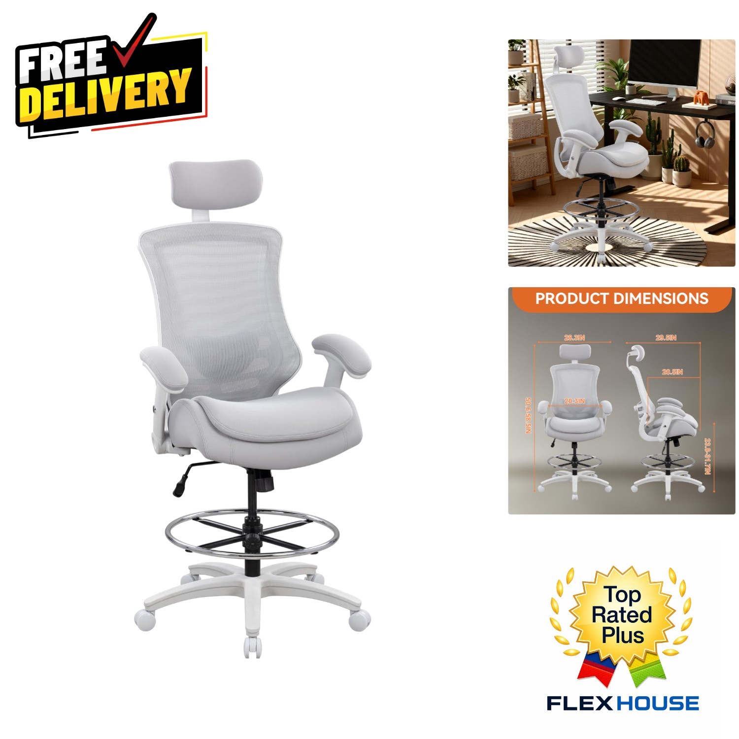 Ergonomic High Back Drafting Chair with Adjustable Headrest and Lumbar Support